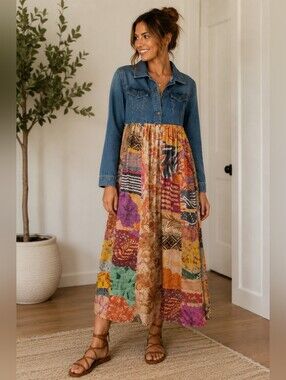 Unique Upcycled Boho Patchwork Denim Jacket Dress - Multicolor